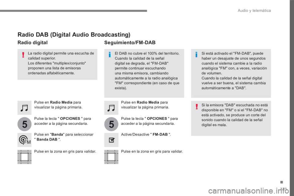 PEUGEOT 3008 2017 Manual del propietario (in Spanish) 121
.
55
Audio y telemática
Radio DAB (Digital Audio Broadcasting)
Pulse en
Radio Media
para
visualizar la página primaria.
Pulse la tecla " OPCIONES
" p PEUGEOT 3008 2017 Manual del propietario (in Spanish) 121
.
55
Audio y telemática
Radio DAB (Digital Audio Broadcasting)
Pulse en
Radio Media
para
visualizar la página primaria.
Pulse la tecla " OPCIONES
" p