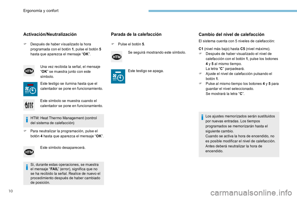 PEUGEOT 3008 2017 Manual del propietario (in Spanish) 10
F Después de haber visualizado la hora
programada con el botón 1 , pulse el botón 5
hasta que aparezca el mensaje “ OK”.
Activación/Neutralización
Una vez recibida la señal, el mensaje PEUGEOT 3008 2017 Manual del propietario (in Spanish) 10
F Después de haber visualizado la hora
programada con el botón 1 , pulse el botón 5
hasta que aparezca el mensaje “ OK”.
Activación/Neutralización
Una vez recibida la señal, el mensaje