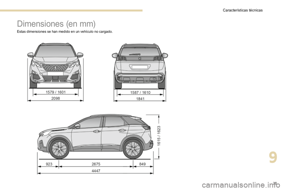 PEUGEOT 3008 2017  Manual del propietario (in Spanish) 23
Dimensiones (en mm)
Estas dimensiones se han medido en un vehículo no cargado.
9 
Características técnicas  