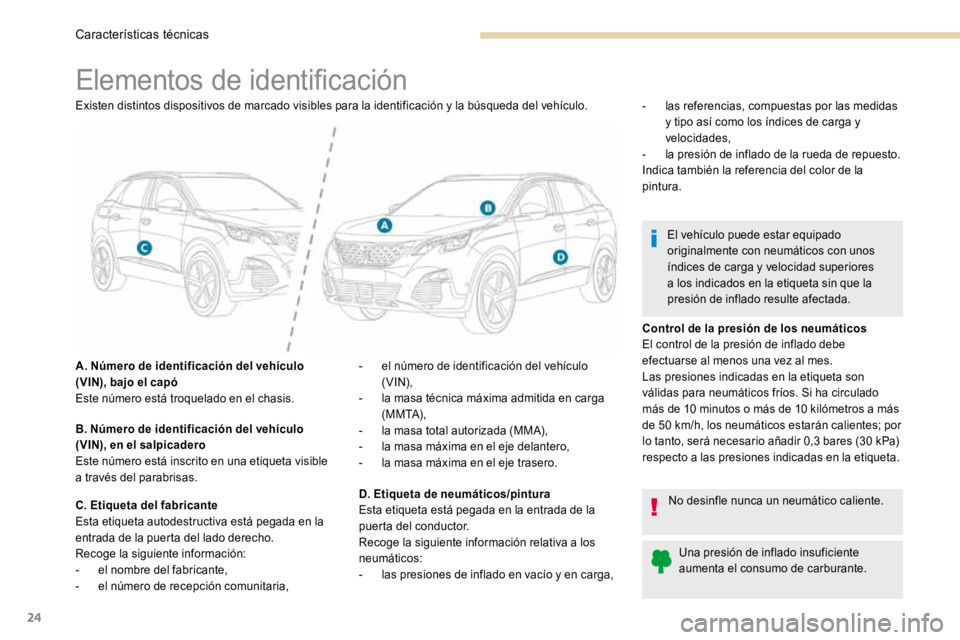 PEUGEOT 3008 2017 Manual del propietario (in Spanish) 24
Elementos de identificación
Existen distintos dispositivos de marcado visibles para la identificación y la búsqueda del vehículo.
A. Número de identificación del vehículo
(VIN), bajo el cap PEUGEOT 3008 2017 Manual del propietario (in Spanish) 24
Elementos de identificación
Existen distintos dispositivos de marcado visibles para la identificación y la búsqueda del vehículo.
A. Número de identificación del vehículo
(VIN), bajo el cap