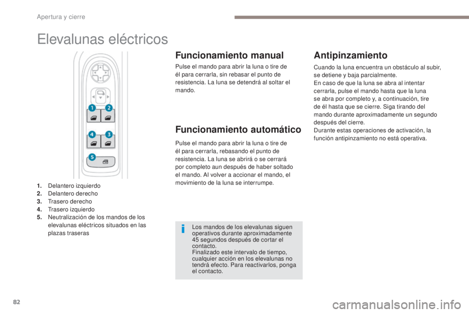 PEUGEOT 3008 2017 Manual del propietario (in Spanish) 82
3008-2_es_Chap02_ouvertures_ed01-2016
Elevalunas eléctricos
Funcionamiento manual
Pulse el mando para abrir la luna o tire de
él para cerrarla, sin rebasar el punto de
resistencia. La luna se d PEUGEOT 3008 2017 Manual del propietario (in Spanish) 82
3008-2_es_Chap02_ouvertures_ed01-2016
Elevalunas eléctricos
Funcionamiento manual
Pulse el mando para abrir la luna o tire de
él para cerrarla, sin rebasar el punto de
resistencia. La luna se d