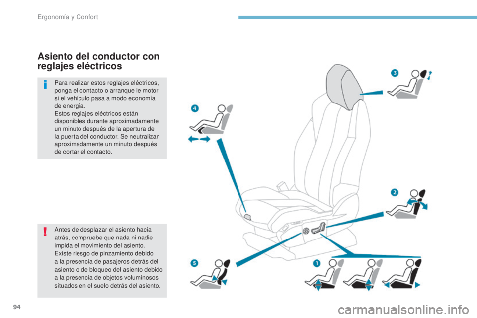 PEUGEOT 3008 2017  Manual del propietario (in Spanish) 94
3008-2_es_Chap03_ergonomie-et-confort_ed01-2016
Antes de desplazar el asiento hacia 
atrás, compruebe que nada ni nadie 
impida el movimiento del asiento.
Existe riesgo de pinzamiento debido 
a la