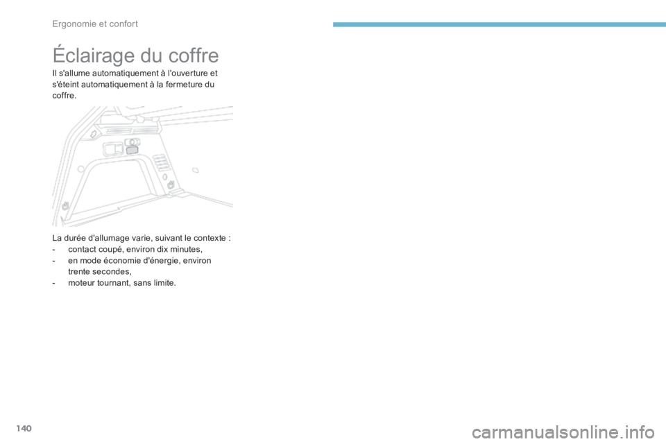 PEUGEOT 3008 2017  Manuel du propriétaire (in French) 140
Éclairage du coffre
Il s'allume automatiquement à l'ouverture et 
s'éteint automatiquement à la fermeture du 
coffre.
La durée d'allumage varie, suivant le contexte :
- contac