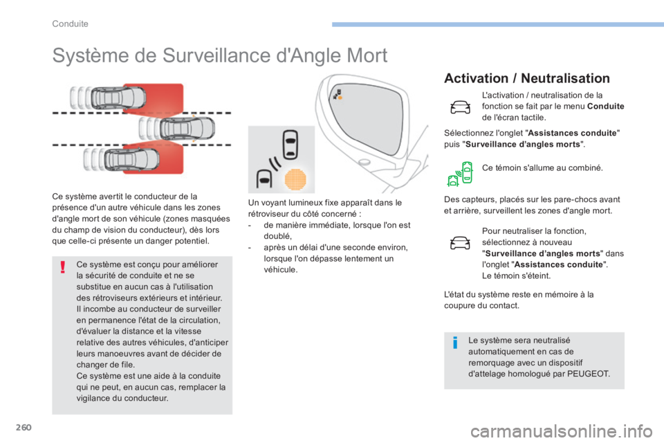 PEUGEOT 3008 2017 Manuel du propriétaire (in French) 260
Système de Surveillance d'Angle Mort
Ce système avertit le conducteur de la
présence d'un autre véhicule dans les zones
d'angle mort de son véhicule (zones masquées
du champ d PEUGEOT 3008 2017 Manuel du propriétaire (in French) 260
Système de Surveillance d'Angle Mort
Ce système avertit le conducteur de la
présence d'un autre véhicule dans les zones
d'angle mort de son véhicule (zones masquées
du champ d