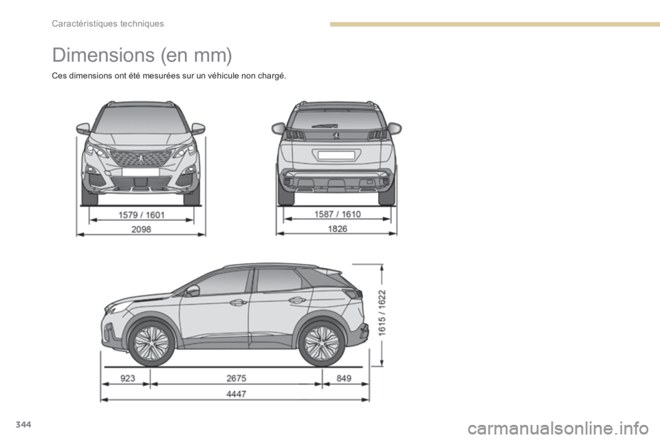 PEUGEOT 3008 2017  Manuel du propriétaire (in French) 344
Dimensions (en mm)
Ces dimensions ont été mesurées sur un véhicule non chargé. 
Caractéristiques techniques  
