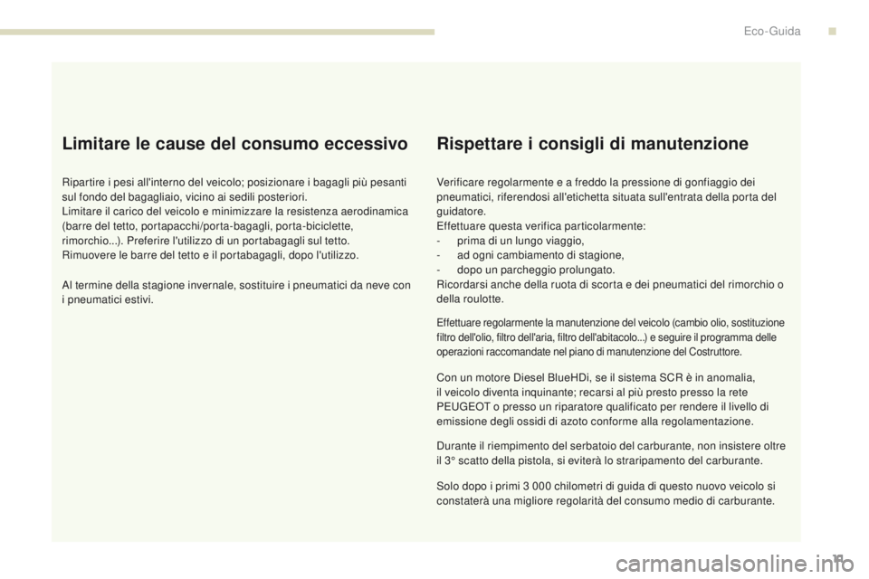 PEUGEOT 3008 2017 Manuale duso (in Italian) 3008-2_it_Chap00c_eco-conduite_ed01-2016
11
Limitare le cause del consumo eccessivo
Ripartire i pesi all'interno del veicolo; posizionare i bagagli più pesanti
sul fondo del bagagliaio, vicino a PEUGEOT 3008 2017 Manuale duso (in Italian) 3008-2_it_Chap00c_eco-conduite_ed01-2016
11
Limitare le cause del consumo eccessivo
Ripartire i pesi all'interno del veicolo; posizionare i bagagli più pesanti
sul fondo del bagagliaio, vicino a