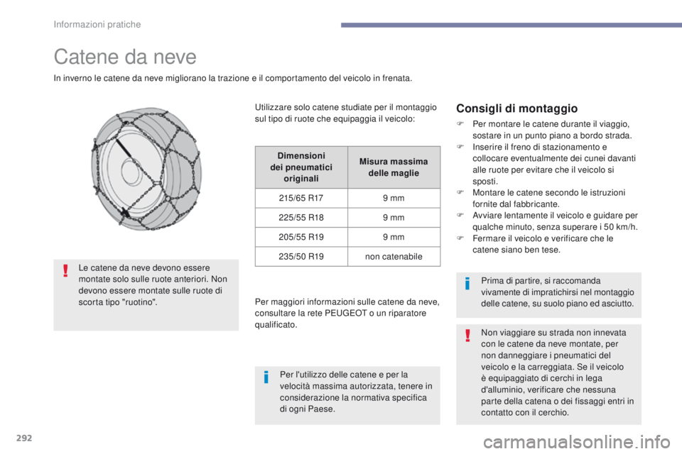PEUGEOT 3008 2017  Manuale duso (in Italian) 292
3008-2_it_Chap07_infos-pratiques_ed01-2016
Catene da neve
In inverno le catene da neve migliorano la trazione e il comportamento del veicolo in frenata.
Consigli di montaggio
F Per montare le cate