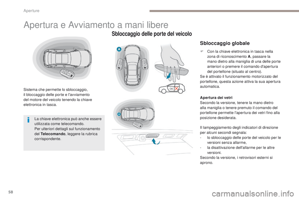 PEUGEOT 3008 2017  Manuale duso (in Italian) 58
3008-2_it_Chap02_ouvertures_ed01-2016
Apertura e Avviamento a mani libere
Sistema che permette lo sbloccaggio, 
il bloccaggio delle porte e l'avviamento 
del motore del veicolo tenendo la chiav