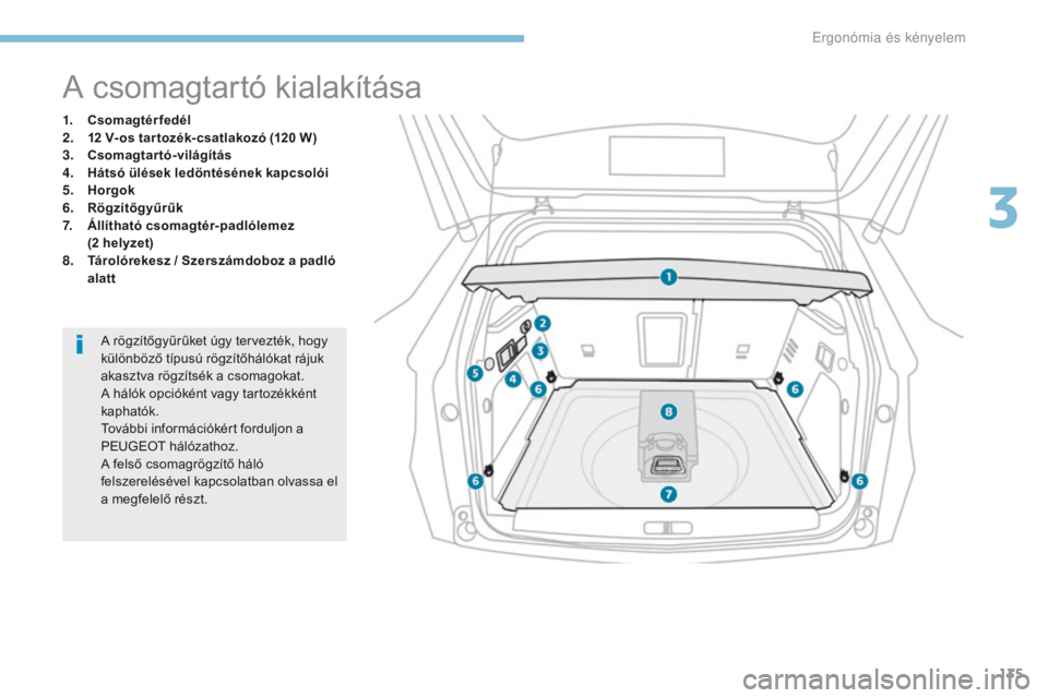 PEUGEOT 3008 2017  Kezelési útmutató (in Hungarian) 135
3008-2_hu_Chap03_ergonomie-et-confort_ed01-2016
A csomagtartó kialakítása
1. Csomagtérfedél
2. 12 V- os tar tozék- csatlakozó (120 W)
3.
 C

somagtartó-világítás
4.
 H

átsó ülések 