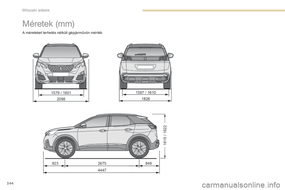 PEUGEOT 3008 2017  Kezelési útmutató (in Hungarian) 344
3008-2_hu_Chap09_caracteristiques_ed01-2016
Méretek (mm)
A méreteket terhelés nélküli gépjárművön mérték. 
Műszaki adatok  