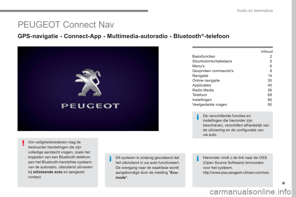 PEUGEOT 3008 2017 Instructieboekje (in Dutch) 1
.
Audio en telematica
PEUGEOT Connect Nav
GPS-navigatie - Connect-App - Multimedia-autoradio - Bluetooth ®
-telefoon
Inhoud
Basisfuncties 2
Stuurkolomschakelaars 5
Men PEUGEOT 3008 2017 Instructieboekje (in Dutch) 1
.
Audio en telematica
PEUGEOT Connect Nav
GPS-navigatie - Connect-App - Multimedia-autoradio - Bluetooth ®
-telefoon
Inhoud
Basisfuncties 2
Stuurkolomschakelaars 5
Men