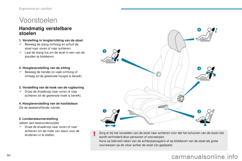PEUGEOT 3008 2017 Instructieboekje (in Dutch) 90
3008-2_nl_Chap03_ergonomie-et-confort_ed01-2016
Vo or stoelen
Zorg er bij het verstellen van de stoel naar achteren voor dat het schuiven van de stoel niet
wordt verhinderd door personen of voorwe PEUGEOT 3008 2017 Instructieboekje (in Dutch) 90
3008-2_nl_Chap03_ergonomie-et-confort_ed01-2016
Vo or stoelen
Zorg er bij het verstellen van de stoel naar achteren voor dat het schuiven van de stoel niet
wordt verhinderd door personen of voorwe