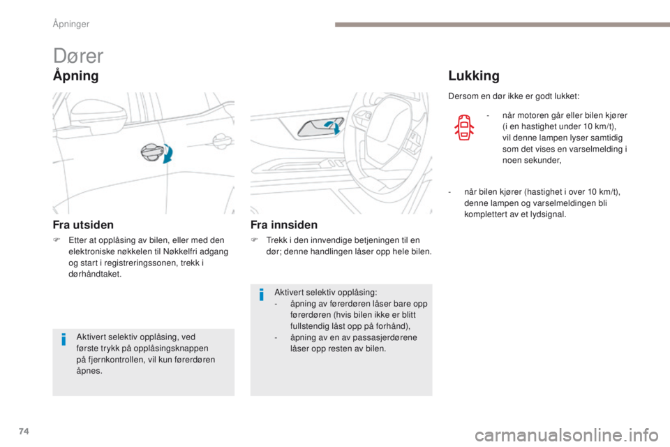 PEUGEOT 3008 2017  Instruksjoner for bruk (in Norwegian) 74
3008-2_no_Chap02_ouvertures_ed01-2016
Dører
Åpning
Fra utsiden
F  etter at opplåsing av bilen, eller med den elektroniske nøkkelen til Nøkkelfri adgang 
og start i registreringssonen, trekk i 