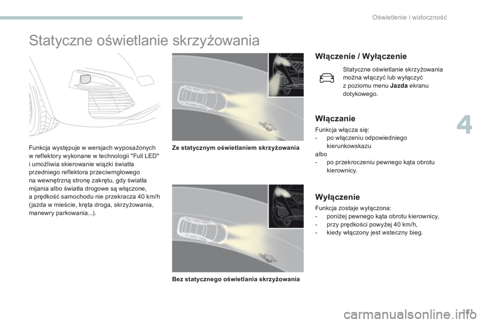PEUGEOT 3008 2017  Instrukcja obsługi (in Polish) 151
3008-2_pl_Chap04_eclairage-et-visibilite_ed01-2016
Statyczne oświetlanie skrzyżowania
Funkcja występuje w wersjach wyposażonych 
w reflektory wykonane w technologii "Full  LED" 
i umo