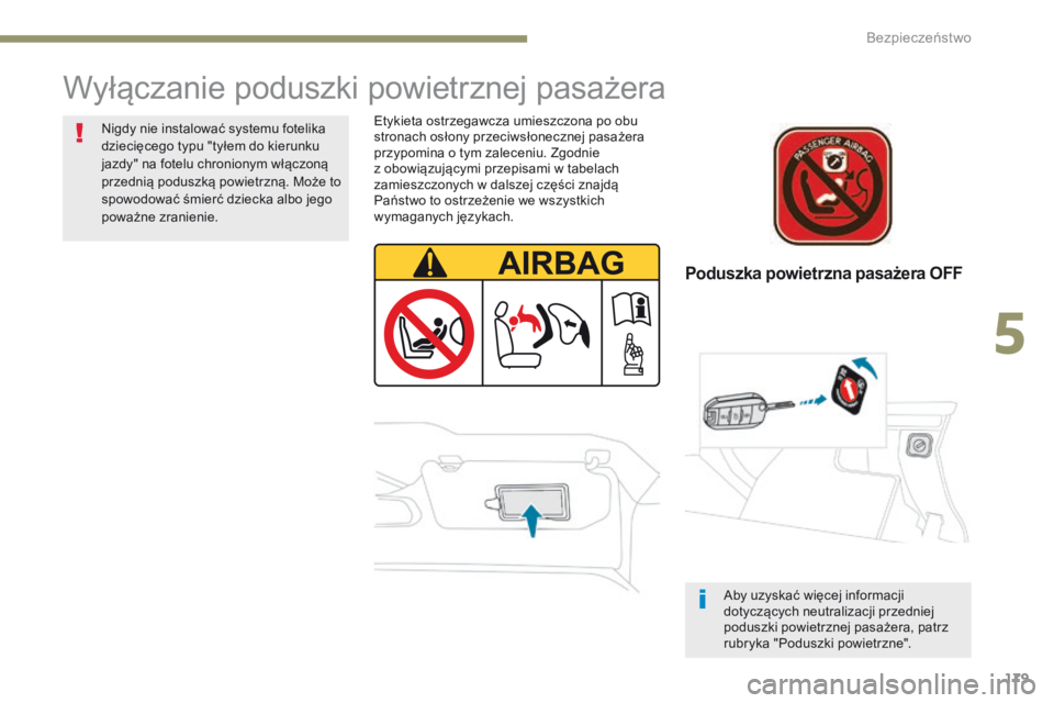 PEUGEOT 3008 2017  Instrukcja obsługi (in Polish) 179
3008-2_pl_Chap05_securite_ed01-2016
Poduszka powietrzna pasażera OFF
Wyłączanie poduszki powietrznej pasażera
Etykieta ostrzegawcza umieszczona po obu 
stronach osłony przeciwsłonecznej pasa