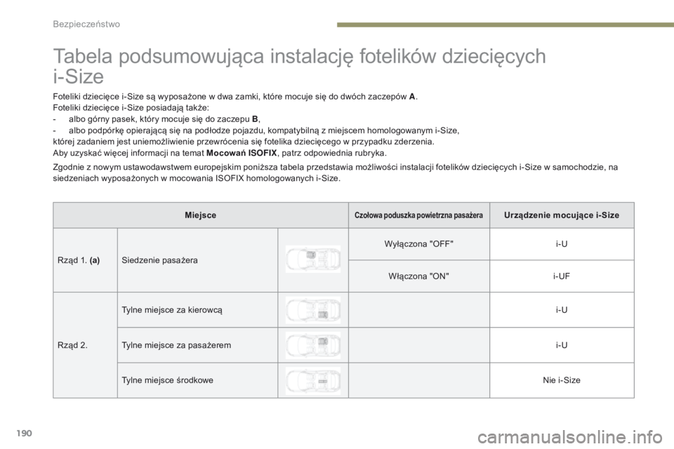 PEUGEOT 3008 2017 Instrukcja obsługi (in Polish) 190
3008-2_pl_Chap05_securite_ed01-2016
Tabela podsumowująca instalację fotelików dziecięcych
i-Size
Foteliki dziecięce i-Size są wyposażone w dwa zamki, które mocuje się do dwóch zaczepó PEUGEOT 3008 2017 Instrukcja obsługi (in Polish) 190
3008-2_pl_Chap05_securite_ed01-2016
Tabela podsumowująca instalację fotelików dziecięcych
i-Size
Foteliki dziecięce i-Size są wyposażone w dwa zamki, które mocuje się do dwóch zaczepó