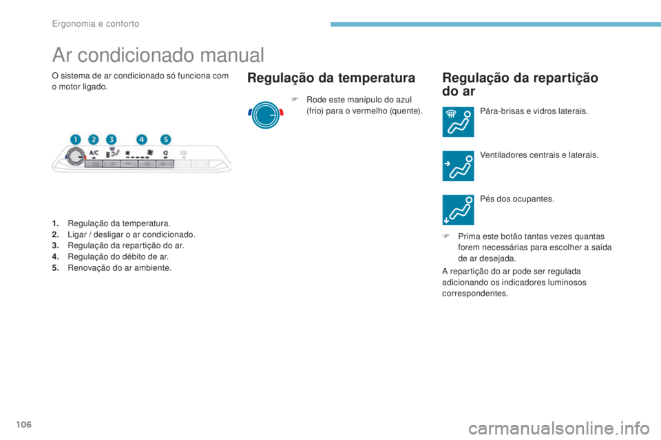 PEUGEOT 3008 2017  Manual de utilização (in Portuguese) 106
3008-2_pt_Chap03_ergonomie-et-confort_ed01-2016
Ar condicionado manual
F Rode este manípulo do azul (frio) para o vermelho (quente).
Regulação da temperatura Regulação da repartição   
do a