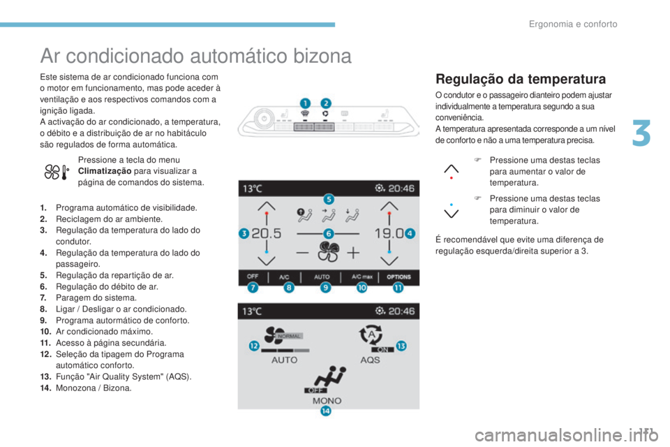 PEUGEOT 3008 2017  Manual de utilização (in Portuguese) 111
3008-2_pt_Chap03_ergonomie-et-confort_ed01-2016
Ar condicionado automático bizona
1. Programa automático de visibilidade.
2. Reciclagem do ar ambiente.
3.
 R

egulação da temperatura do lado d