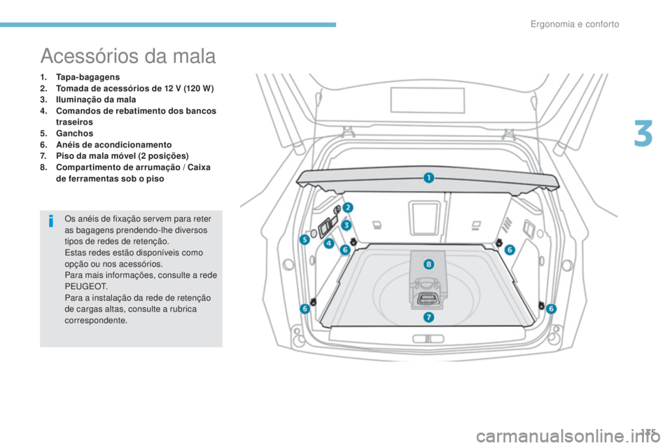 PEUGEOT 3008 2017  Manual de utilização (in Portuguese) 135
3008-2_pt_Chap03_ergonomie-et-confort_ed01-2016
Acessórios da mala
1. Tapa-bagagens
2.  T omada de acessórios de 12 V (120 W)
3.
 
I
 luminação da mala
4.
 C

omandos de rebatimento dos bancos