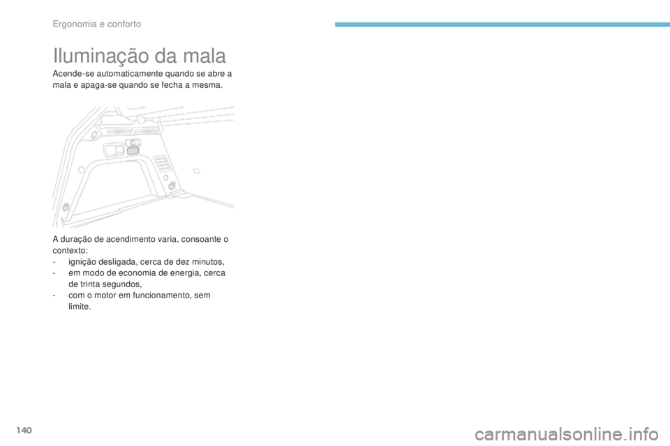 PEUGEOT 3008 2017  Manual de utilização (in Portuguese) 140
3008-2_pt_Chap03_ergonomie-et-confort_ed01-2016
Iluminação da mala
Acende-se automaticamente quando se abre a 
mala e apaga-se quando se fecha a mesma.
A duração de acendimento varia, consoant