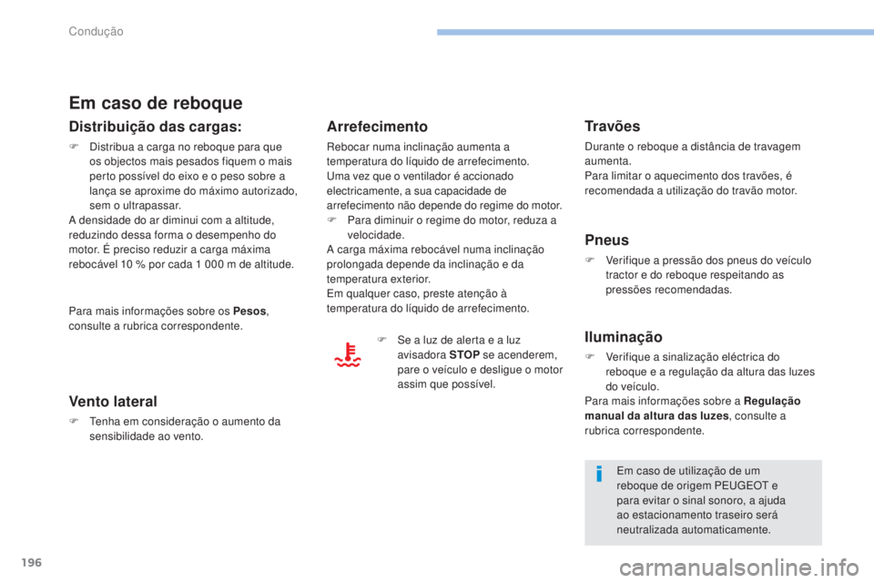 PEUGEOT 3008 2017 Manual de utilização (in Portuguese) 196
3008-2_pt_Chap06_conduite_ed01-2016
Em caso de reboque
Distribuição das cargas:
F Distribua a carga no reboque para que os objectos mais pesados fiquem o mais
perto possível do eixo e o peso s PEUGEOT 3008 2017 Manual de utilização (in Portuguese) 196
3008-2_pt_Chap06_conduite_ed01-2016
Em caso de reboque
Distribuição das cargas:
F Distribua a carga no reboque para que os objectos mais pesados fiquem o mais
perto possível do eixo e o peso s