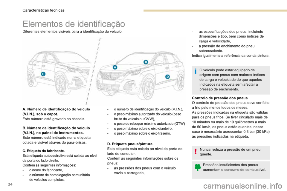 PEUGEOT 3008 2017 Manual de utilização (in Portuguese) 24
Elementos de identificação
Diferentes elementos visíveis para a identificação do veículo.
A. Número de identificação do veículo
(V.I.N.), sob o capot.
Este número está gravado no chass PEUGEOT 3008 2017 Manual de utilização (in Portuguese) 24
Elementos de identificação
Diferentes elementos visíveis para a identificação do veículo.
A. Número de identificação do veículo
(V.I.N.), sob o capot.
Este número está gravado no chass