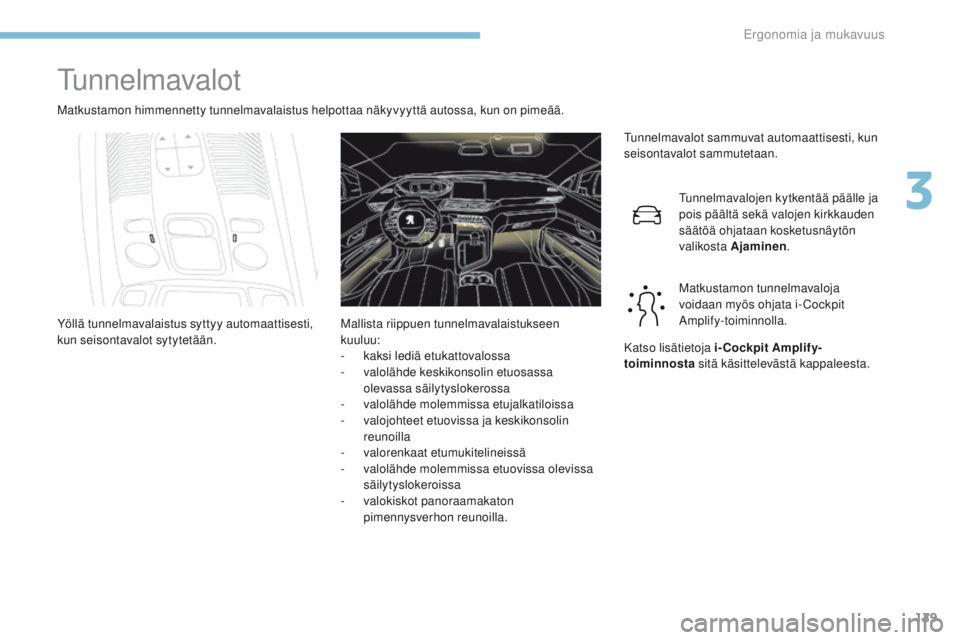 PEUGEOT 3008 2017  Omistajan Käsikirja (in Finnish) 129
3008-2_fi_Chap03_ergonomie-et-confort_ed01-2016
tunnelmavalot
Matkustamon himmennetty tunnelmavalaistus helpottaa näkyvyyttä autossa, kun on pimeää.
tu
nnelmavalot sammuvat automaattisesti, ku