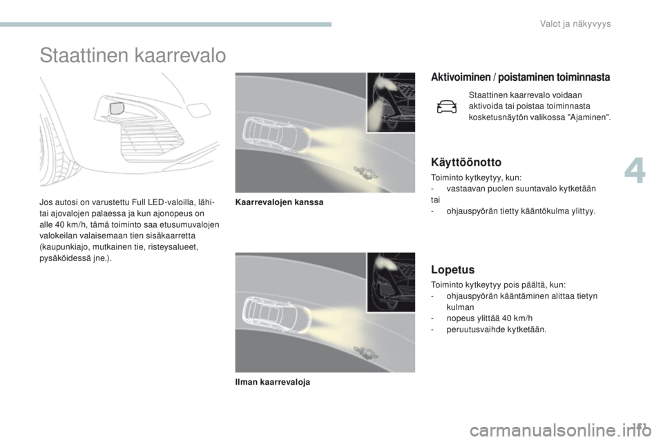 PEUGEOT 3008 2017  Omistajan Käsikirja (in Finnish) 151
3008-2_fi_Chap04_eclairage-et-visibilite_ed01-2016
Staattinen kaarrevalo
Jos autosi on varustettu Full LeD-valoilla, lähi- 
tai ajovalojen palaessa ja kun ajonopeus on 
alle 40 km/h, tämä toimi