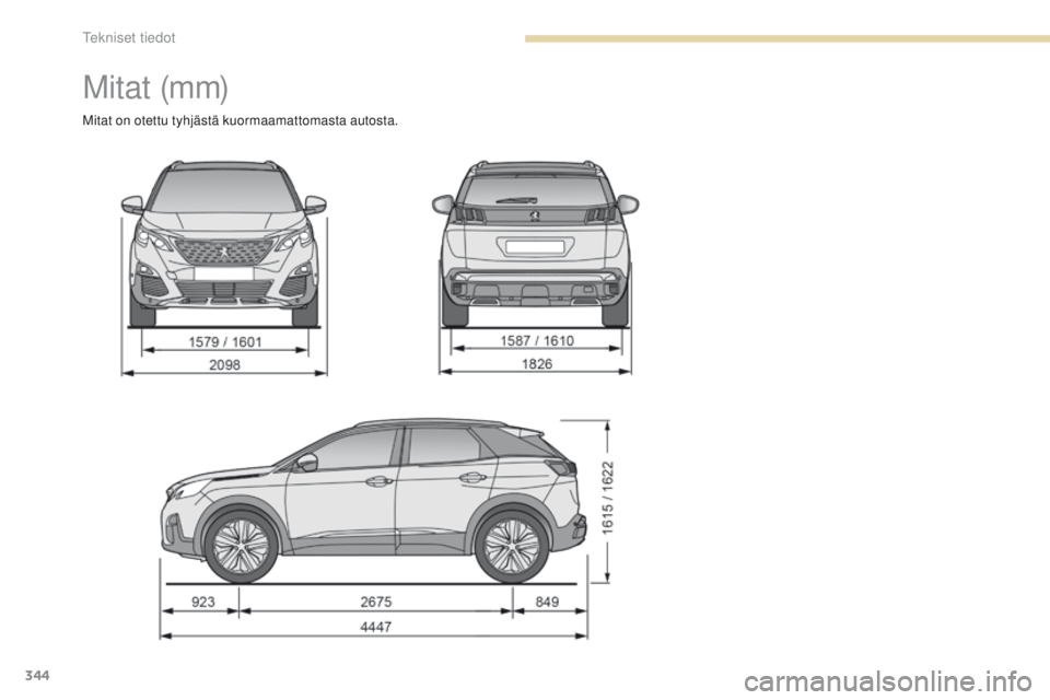 PEUGEOT 3008 2017  Omistajan Käsikirja (in Finnish) 344
3008-2_fi_Chap09_caracteristiques_ed01-2016
M i t at  (m m)
Mitat on otettu tyhjästä kuormaamattomasta autosta. 
tekniset tiedot  