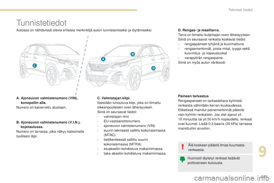 PEUGEOT 3008 2017  Omistajan Käsikirja (in Finnish) 345
3008-2_fi_Chap09_caracteristiques_ed01-2016
tunnistetiedot
A.  Ajoneuvon valmistenumero (VIN), konepellin alla.
Numero on kaiverrettu alustaan. D. Rengas- ja maalitarra.
ta

rra on liimattu kuljet