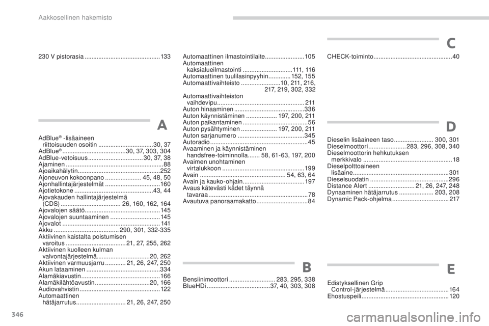 PEUGEOT 3008 2017  Omistajan Käsikirja (in Finnish) 346
3008-2_fi_Chap11_index-alpha_ed01-2016
AdBlue® -lisäaineen  
riittoisuuden osoitin  ................................ 30, 37
AdBlue
® ..................................... 3 0, 37 , 303 , 304
Ad
