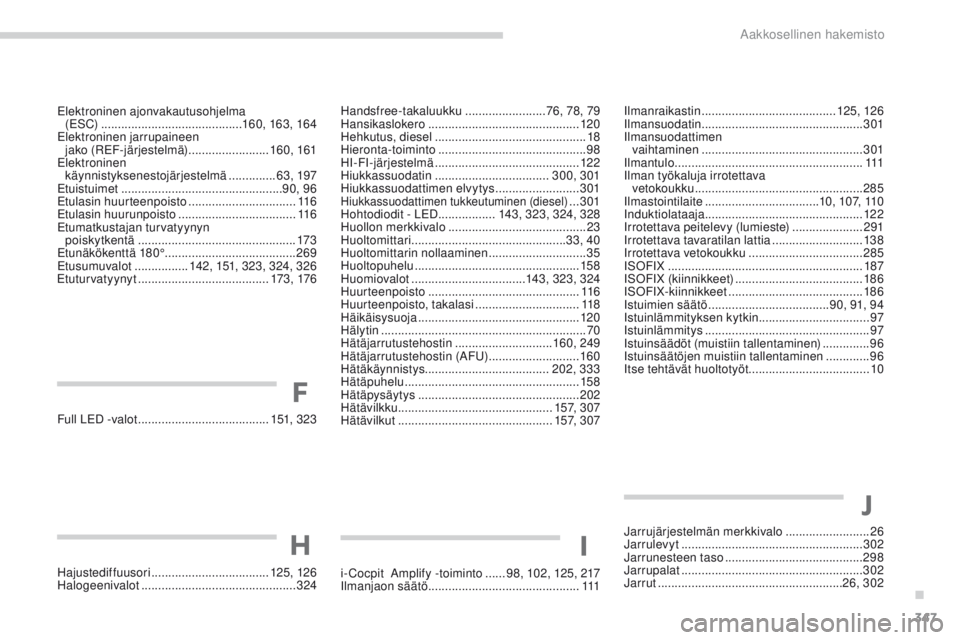 PEUGEOT 3008 2017  Omistajan Käsikirja (in Finnish) 347
3008-2_fi_Chap11_index-alpha_ed01-2016
Full LeD -valot ....................................... 151, 323
Hajustediffuusori
 
 ................................... 125, 126
Halogeenivalot
 

........