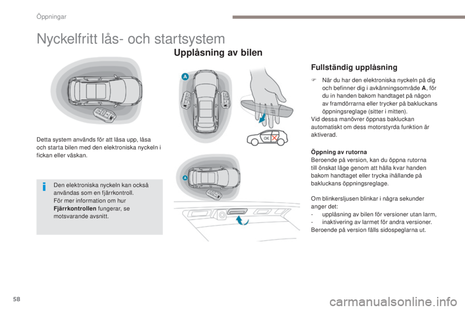 PEUGEOT 3008 2017  Bruksanvisningar (in Swedish) 58
3008-2_sv_Chap02_ouvertures_ed01-2016
Nyckelfritt lås- och startsystem
Detta system används för att låsa upp, låsa 
och starta bilen med den elektroniska nyckeln i 
fickan eller väskan.
Uppl