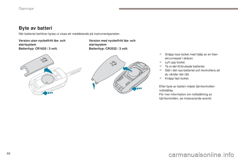 PEUGEOT 3008 2017  Bruksanvisningar (in Swedish) 66
3008-2_sv_Chap02_ouvertures_ed01-2016
Byte av batteri
När batteriet behöver bytas ut visas ett meddelande på instrumentpanelen.
Version utan nyckelfritt lås- och 
startsystem
Batterityp: CR1620
