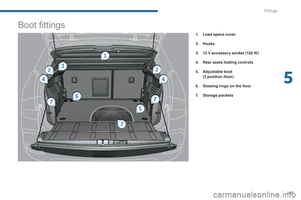 PEUGEOT 3008 2016  Owners Manual 103
3008_en_Chap05_amenagements_ed01-2015
Boot fittings
1. Load space cover
2.
 Hoo
ks
3.
 1

2 V accessor y socket (120 W)
4.
 R

ear seats folding controls
5.
 A

djustable boot  
 
 
(
 3 position 