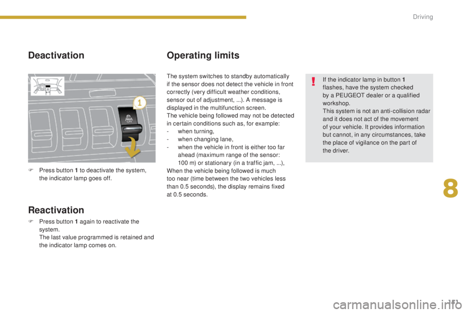 PEUGEOT 3008 2016 Owners Manual 151
3008_en_Chap08_conduite_ed01-2015
Deactivation
Reactivation
F Press button 1 again to reactivate the system.
T
he last value programmed is retained and
the indicator lamp comes on.
Operating li PEUGEOT 3008 2016 Owners Manual 151
3008_en_Chap08_conduite_ed01-2015
Deactivation
Reactivation
F Press button 1 again to reactivate the system.
T
he last value programmed is retained and
the indicator lamp comes on.
Operating li
