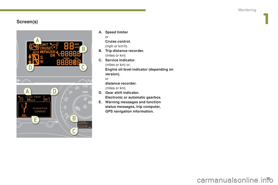 PEUGEOT 3008 2016  Owners Manual 15
3008_en_Chap01_controle-marche_ed01-2015
Screen(s)
A. Speed limiter  
or
 C

ruise control.  
 (

mph or km/h)
B.
 T

rip distance recorder.  
 (

miles or km)
C.
 S

ervice indicator.  
 (

miles 