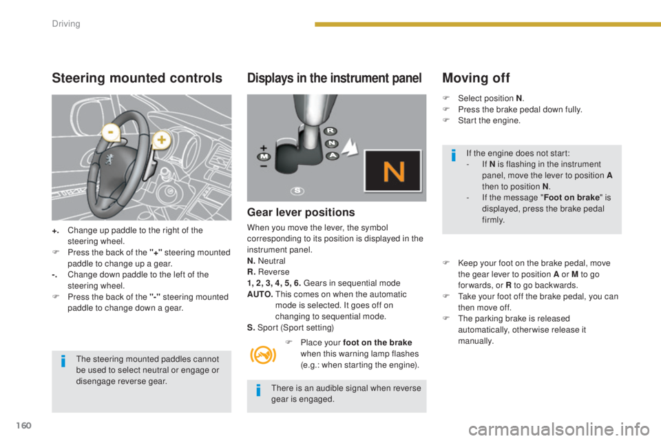 PEUGEOT 3008 2016 Owners Manual 160
3008_en_Chap08_conduite_ed01-2015
Steering mounted controls
+. Change up paddle to the right of the steering wheel.
F
P
ress the back of the "+" steering mounted
paddle to change up a PEUGEOT 3008 2016 Owners Manual 160
3008_en_Chap08_conduite_ed01-2015
Steering mounted controls
+. Change up paddle to the right of the steering wheel.
F
P
ress the back of the "+" steering mounted
paddle to change up a