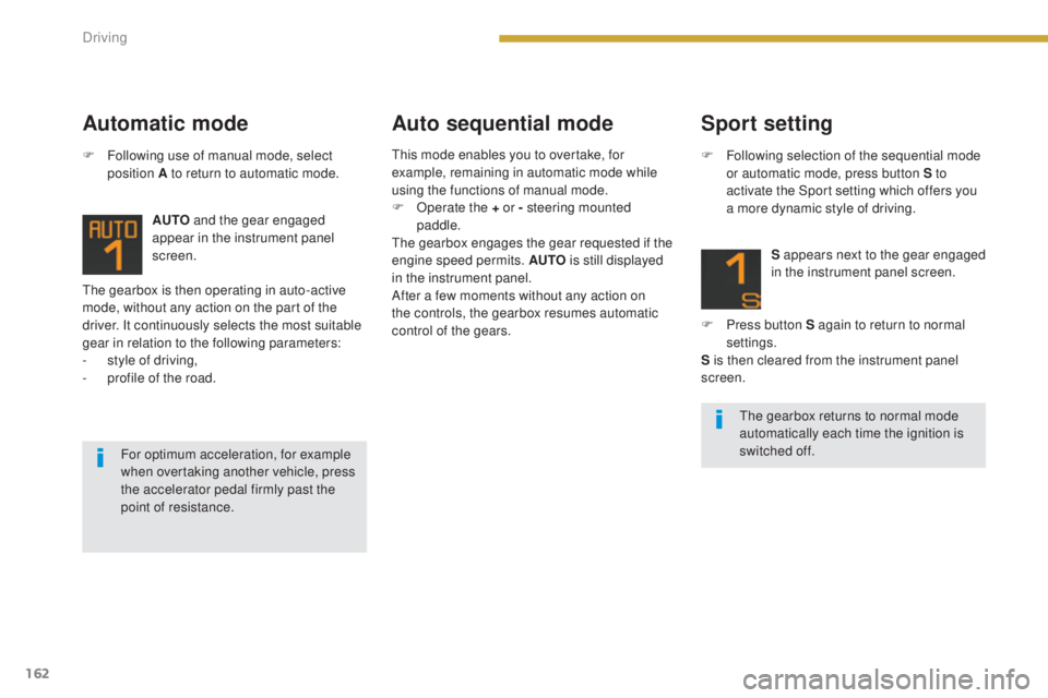 PEUGEOT 3008 2016 Owners Manual 162
3008_en_Chap08_conduite_ed01-2015
The gearbox is then operating in auto-active
mode, without any action on the part of the
driver. It continuously selects the most suitable
gear in relation to PEUGEOT 3008 2016 Owners Manual 162
3008_en_Chap08_conduite_ed01-2015
The gearbox is then operating in auto-active
mode, without any action on the part of the
driver. It continuously selects the most suitable
gear in relation to