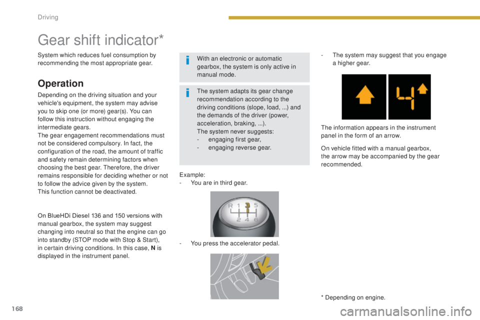 PEUGEOT 3008 2016 Owners Manual 168
3008_en_Chap08_conduite_ed01-2015
Gear shift indicator*
* Depending on engine.
The system adapts its gear change
recommendation according to the
driving conditions (slope, load, ...) and
the de PEUGEOT 3008 2016 Owners Manual 168
3008_en_Chap08_conduite_ed01-2015
Gear shift indicator*
* Depending on engine.
The system adapts its gear change
recommendation according to the
driving conditions (slope, load, ...) and
the de