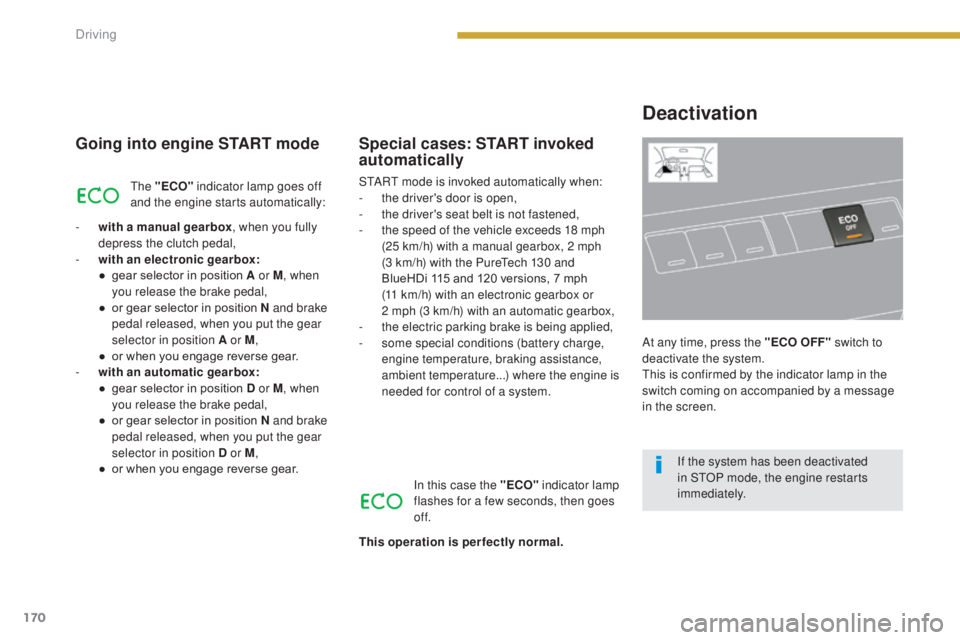 PEUGEOT 3008 2016 Owners Manual 170
3008_en_Chap08_conduite_ed01-2015
Going into engine START mode
The "ECO" indicator lamp goes off
and the engine starts automatically:
-
w
ith a manual gearbox , when you fully
depress PEUGEOT 3008 2016 Owners Manual 170
3008_en_Chap08_conduite_ed01-2015
Going into engine START mode
The "ECO" indicator lamp goes off
and the engine starts automatically:
-
w
ith a manual gearbox , when you fully
depress