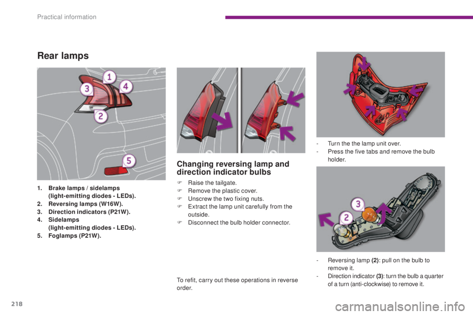 PEUGEOT 3008 2016  Owners Manual 218
3008_en_Chap10_infos-pratiques_ed01-2015
Rear lamps
1. Brake lamps  / sidelamps  (
light-emitting diodes - LEDs).
2.
 
R
 eversing lamps (W16W).
3.
 D

irection indicators (P21W).
4.
 
S
 idelamps