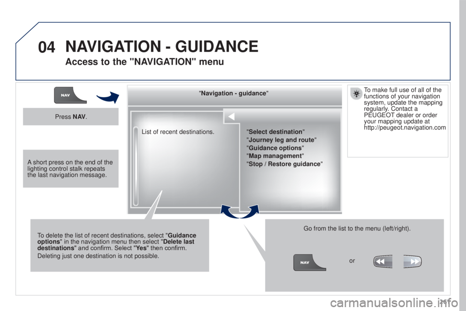 PEUGEOT 3008 2016  Owners Manual 04
261
3008_en_Chap12b_RT6-2-8_ed01-2015
List of recent destinations."Navigation - guidance
"
To delete the list of recent destinations, select " Guidance 
options " in the navigation 