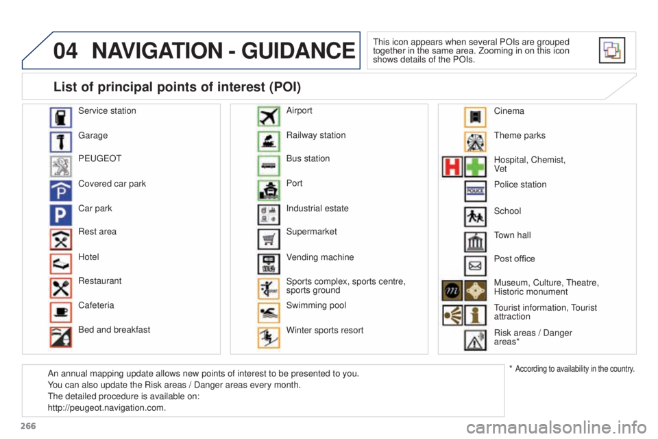 PEUGEOT 3008 2016  Owners Manual 04
266
3008_en_Chap12b_RT6-2-8_ed01-2015
NAVIGATION - GUIDANCE
This icon appears when several POIs are grouped 
together in the same area. Zooming in on this icon 
shows details of the POIs.
Service s