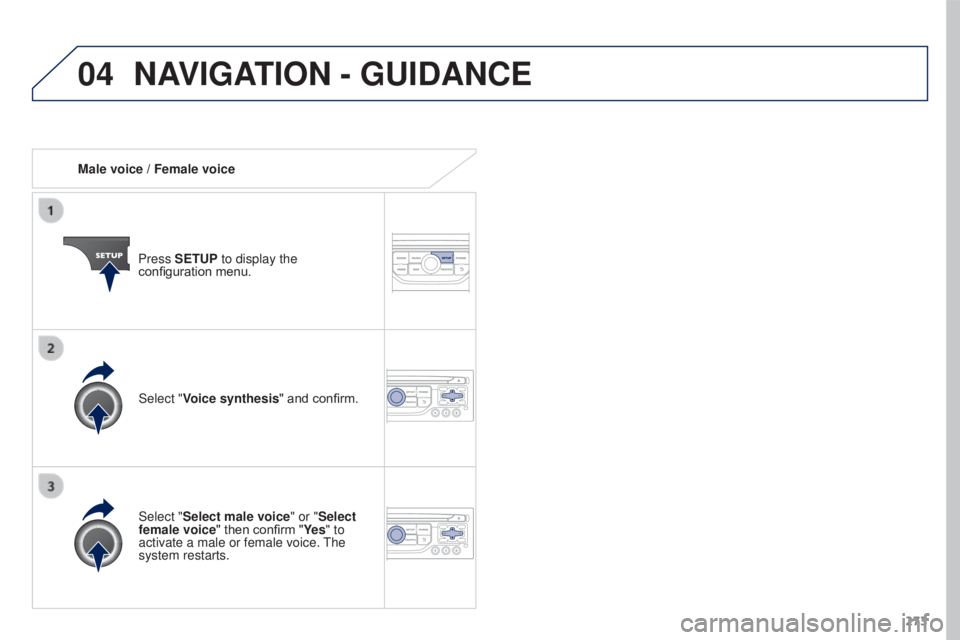 PEUGEOT 3008 2016  Owners Manual 04
273
3008_en_Chap12b_RT6-2-8_ed01-2015
Male voice / Female voicePress SETUP to display the 
configuration menu.
Select "Select male voice" or "Select 
female voice" then confirm "