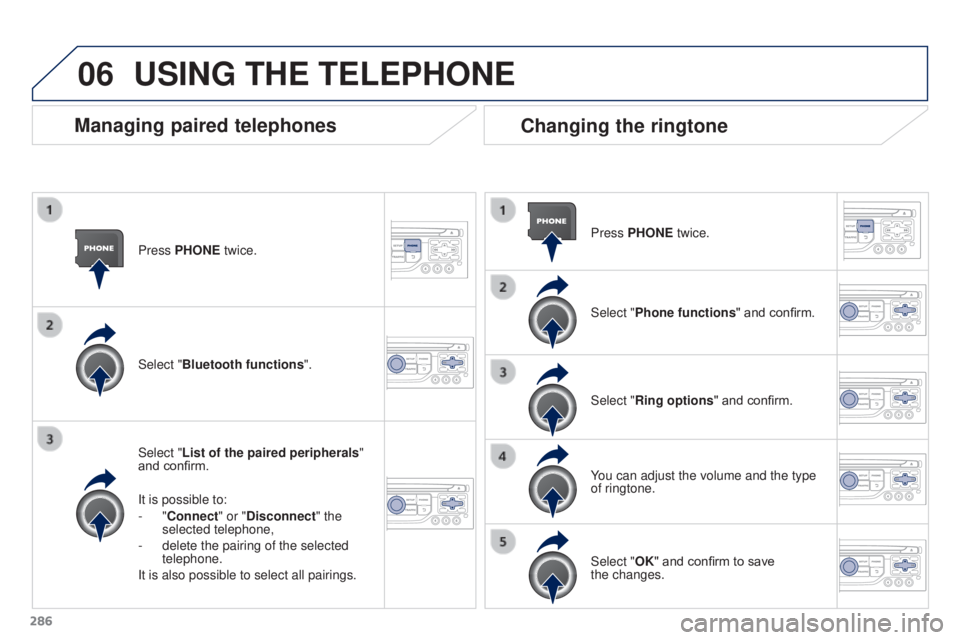 PEUGEOT 3008 2016  Owners Manual 06
286
3008_en_Chap12b_RT6-2-8_ed01-2015
Press PHONE twice.
Select "List of the paired peripherals" 
and confirm.
It is possible to:
-
  "Connect" or "Disconnect" the 
selected