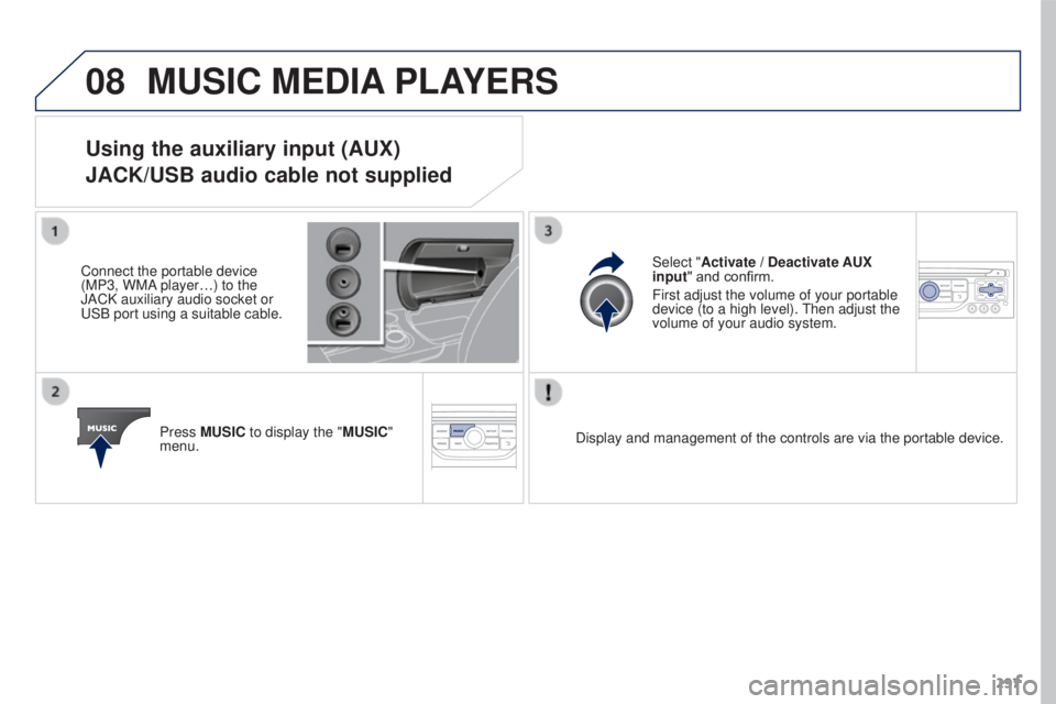 PEUGEOT 3008 2016  Owners Manual 08
297
3008_en_Chap12b_RT6-2-8_ed01-2015
MUSIC MEDIA PLAYERS
Using the auxiliary input (AUX)
JACK/USB audio cable not supplied
Connect the portable device 
(MP3, WMA player…) to the 
JACK auxiliary 