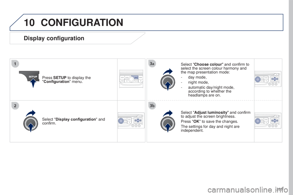 PEUGEOT 3008 2016  Owners Manual 10
299
3008_en_Chap12b_RT6-2-8_ed01-2015
CONFIGURATION
Press SETUP to display the 
"Configuration" menu. Select "Choose colour" and confirm to 
select the screen colour harmony and 
th