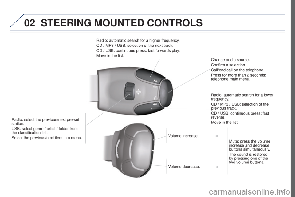 PEUGEOT 3008 2016  Owners Manual 02
313
3008_en_Chap12c_RD45_ed01_2015
STEERING MOUNTED CONTROLS
Radio: automatic search for a higher frequency.
CD  / MP3   / USB: selection of the next track.
CD
  / USB: continuous press: fast forwa