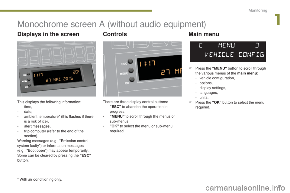 PEUGEOT 3008 2016  Owners Manual 31
3008_en_Chap01_controle-marche_ed01-2015
This displays the following information:
-  time,
-
 

date,
-
 
a
 mbient temperature* (this flashes if there 
is a risk of ice),
-
 a

lert messages,
-
 
